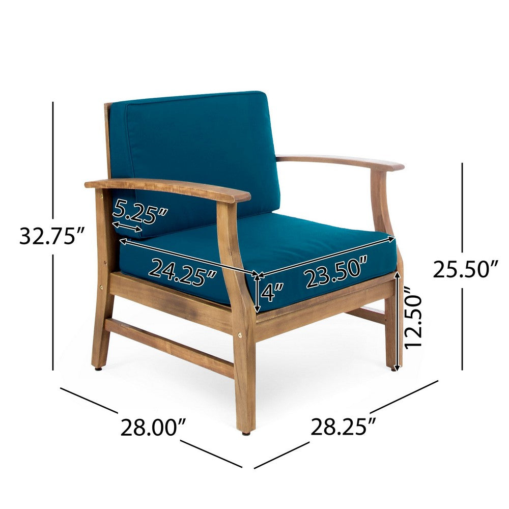 Hoye Outdoor Club Chair | Blue Cushions | Brown Acacia Wood