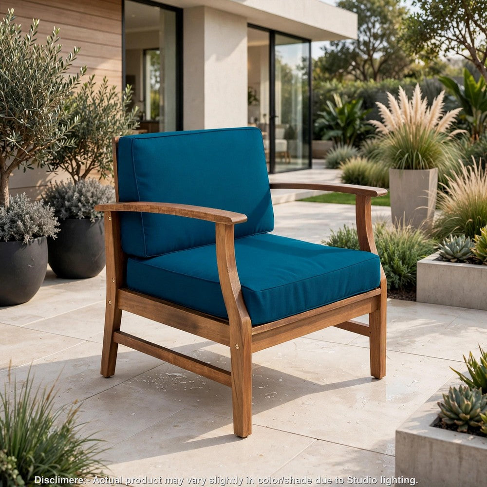 Hoye Outdoor Club Chair | Blue Cushions | Brown Acacia Wood