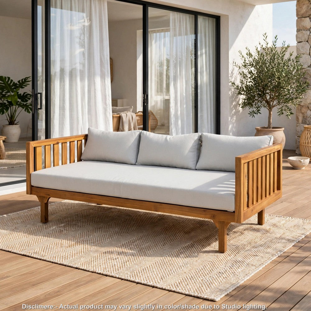 Clara Outdoor 3 Seater Daybed | Water Resistant Gray Cushions | Teak | 68"