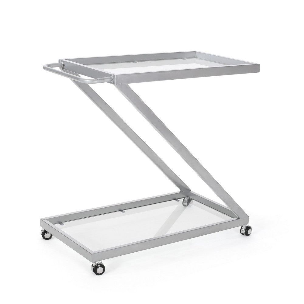 Bar Cart Server | Z Frame | Tempered Glass Shelves | Silver Iron | 37"