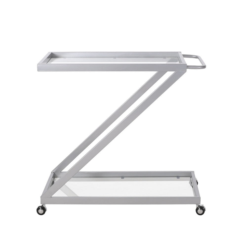 Bar Cart Server | Z Frame | Tempered Glass Shelves | Silver Iron | 37"