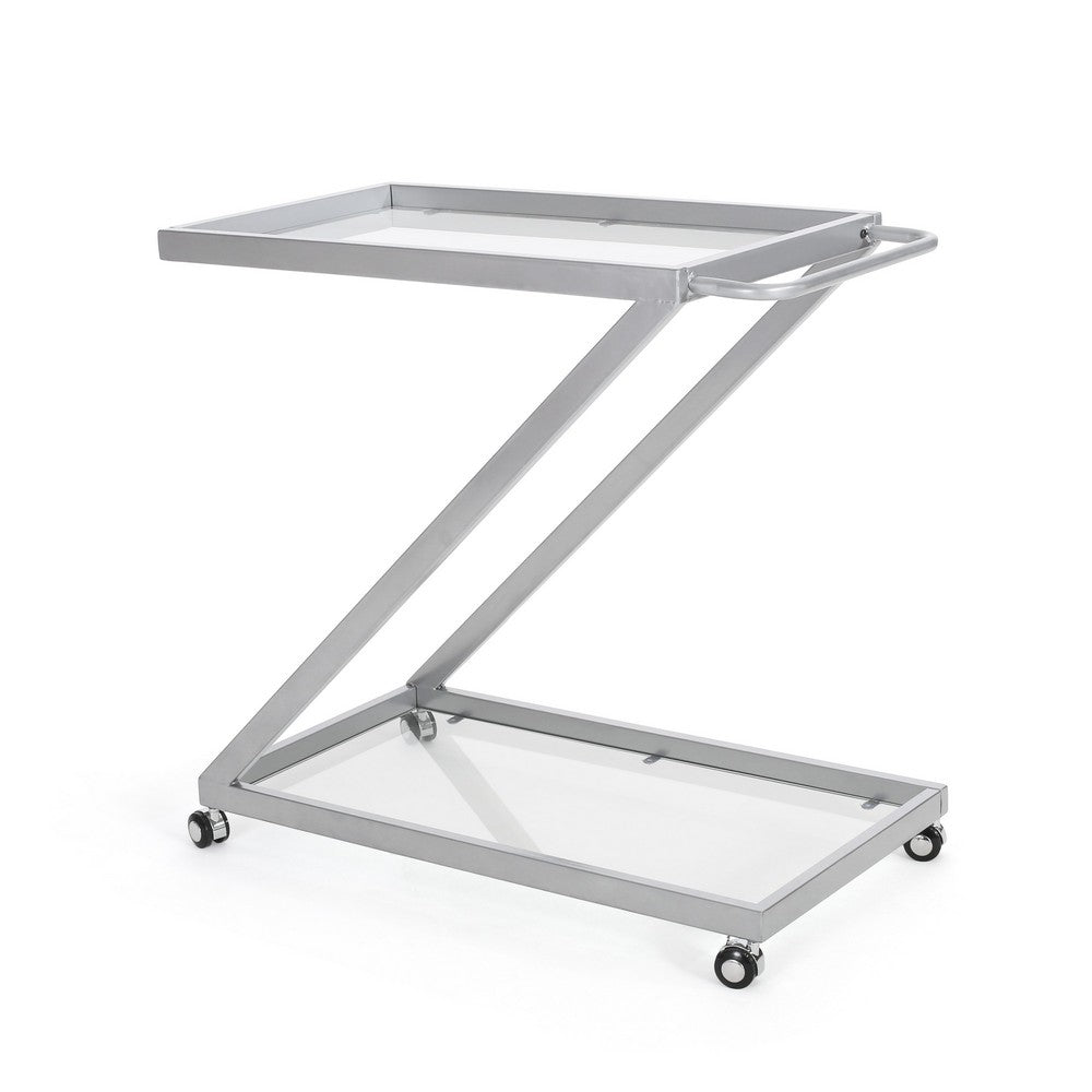 Bar Cart Server | Z Frame | Tempered Glass Shelves | Silver Iron | 37"