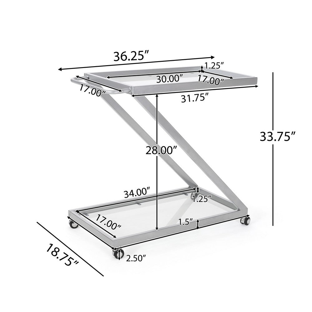 Bar Cart Server | Z Frame | Tempered Glass Shelves | Silver Iron | 37"