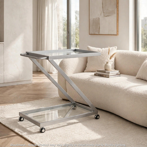 Bar Cart Server | Z Frame | Tempered Glass Shelves | Silver Iron | 37"