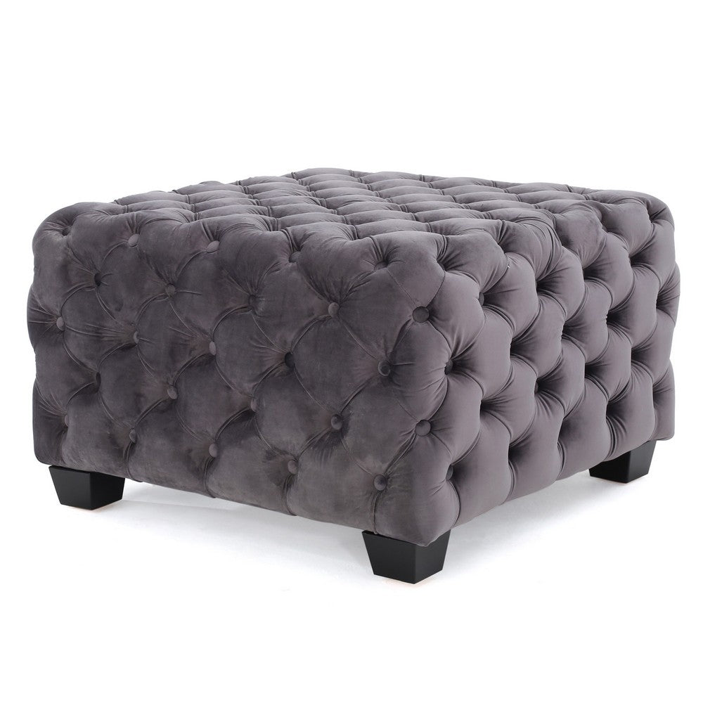 Accent Ottoman | Cubic Shape | Button Tufted Gray Velvet | Black 29"
