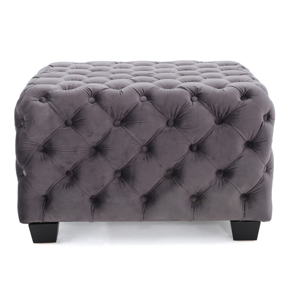 Accent Ottoman | Cubic Shape | Button Tufted Gray Velvet | Black 29"