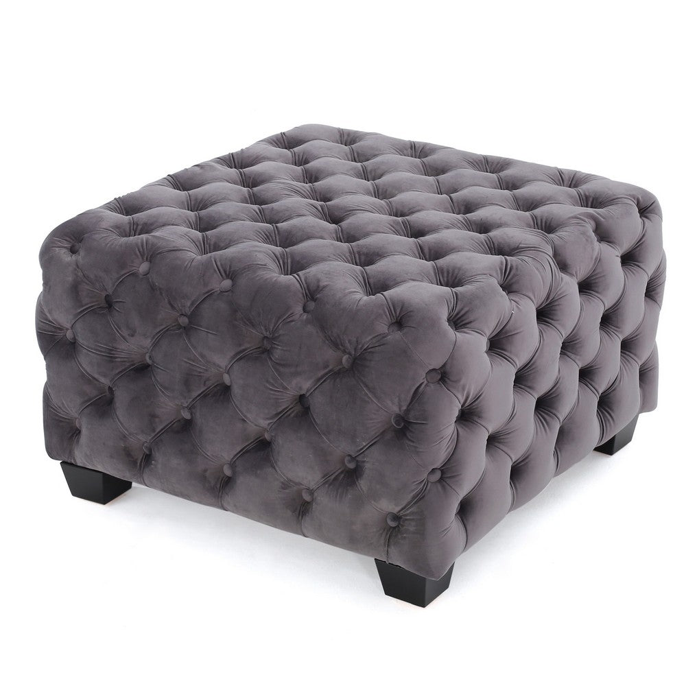 Accent Ottoman | Cubic Shape | Button Tufted Gray Velvet | Black 29"