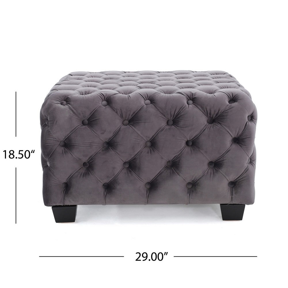 Accent Ottoman | Cubic Shape | Button Tufted Gray Velvet | Black 29"