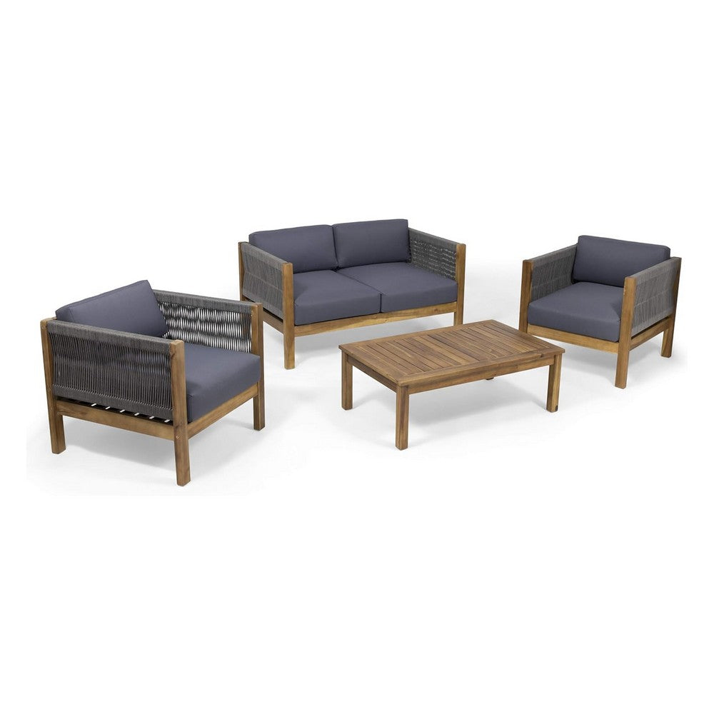 Nisha 4pc Outdoor Chat Set | Rattan Rope Seat | Gray Cushions | Teak Brown