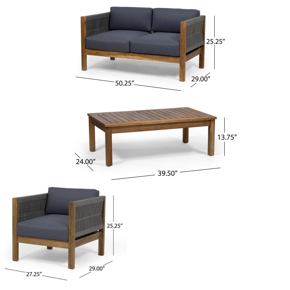 Nisha 4pc Outdoor Chat Set | Rattan Rope Seat | Gray Cushions | Teak Brown