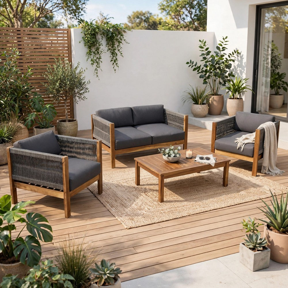 Nisha 4pc Outdoor Chat Set | Rattan Rope Seat | Gray Cushions | Teak Brown