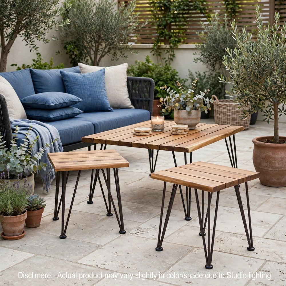 Zoe 3pc Outdoor Table Set | Slatted Top | Teak Brown | Black Hairpin Legs