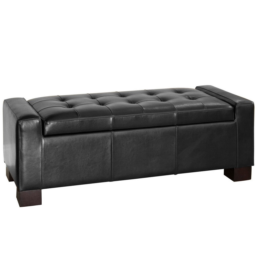 Storage Ottoman Bench | Tufted Black Faux Leather | Brown Wood Legs 50"