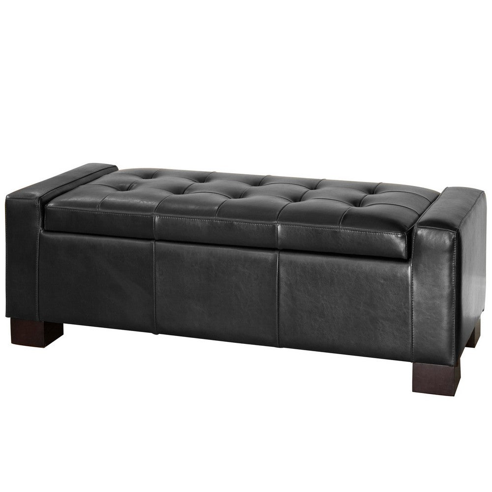 Storage Ottoman Bench | Tufted Black Faux Leather | Brown Wood Legs 50"