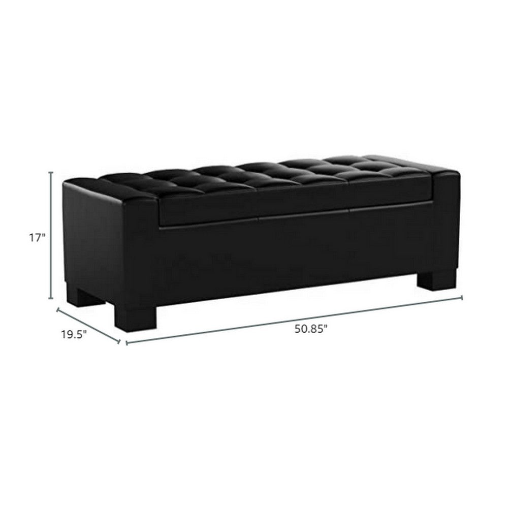 Storage Ottoman Bench | Tufted Black Faux Leather | Brown Wood Legs 50"