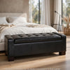 Storage Ottoman Bench | Tufted Black Faux Leather | Brown Wood Legs 50"