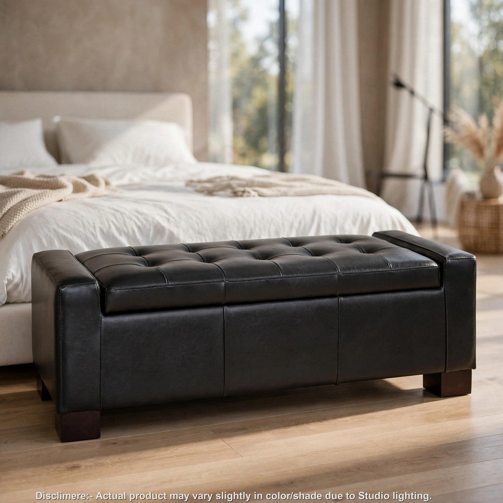 Storage Ottoman Bench | Tufted Black Faux Leather | Brown Wood Legs 50"