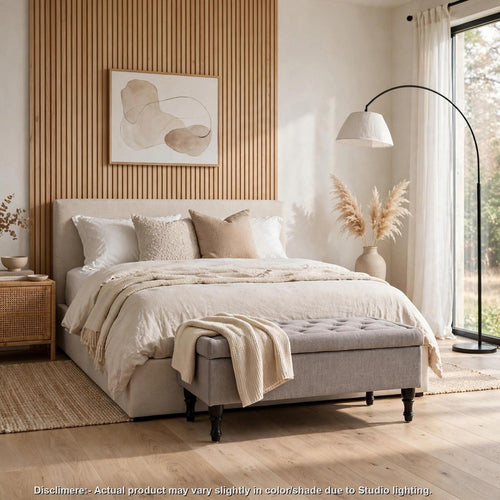 Storage Ottoman Bench | Tufted Gray Seude Fabric | Black Wood Legs 41"