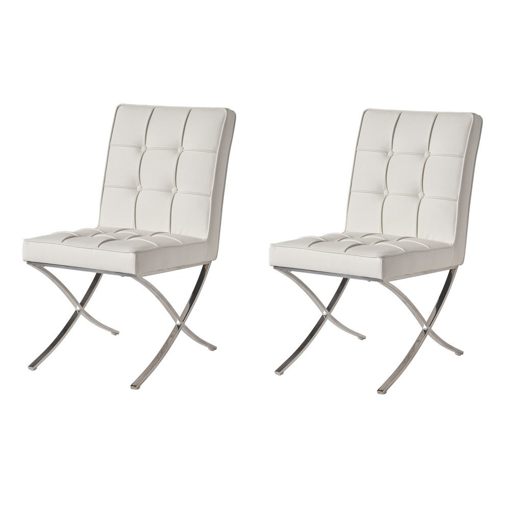 Pavy Dining Side Chair Set of 2 | Tufted White Faux Leather | Silver X Legs