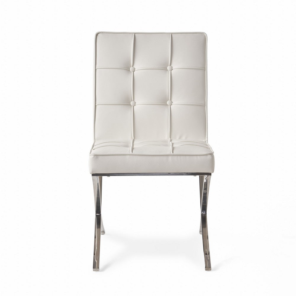 Pavy Dining Side Chair Set of 2 | Tufted White Faux Leather | Silver X Legs