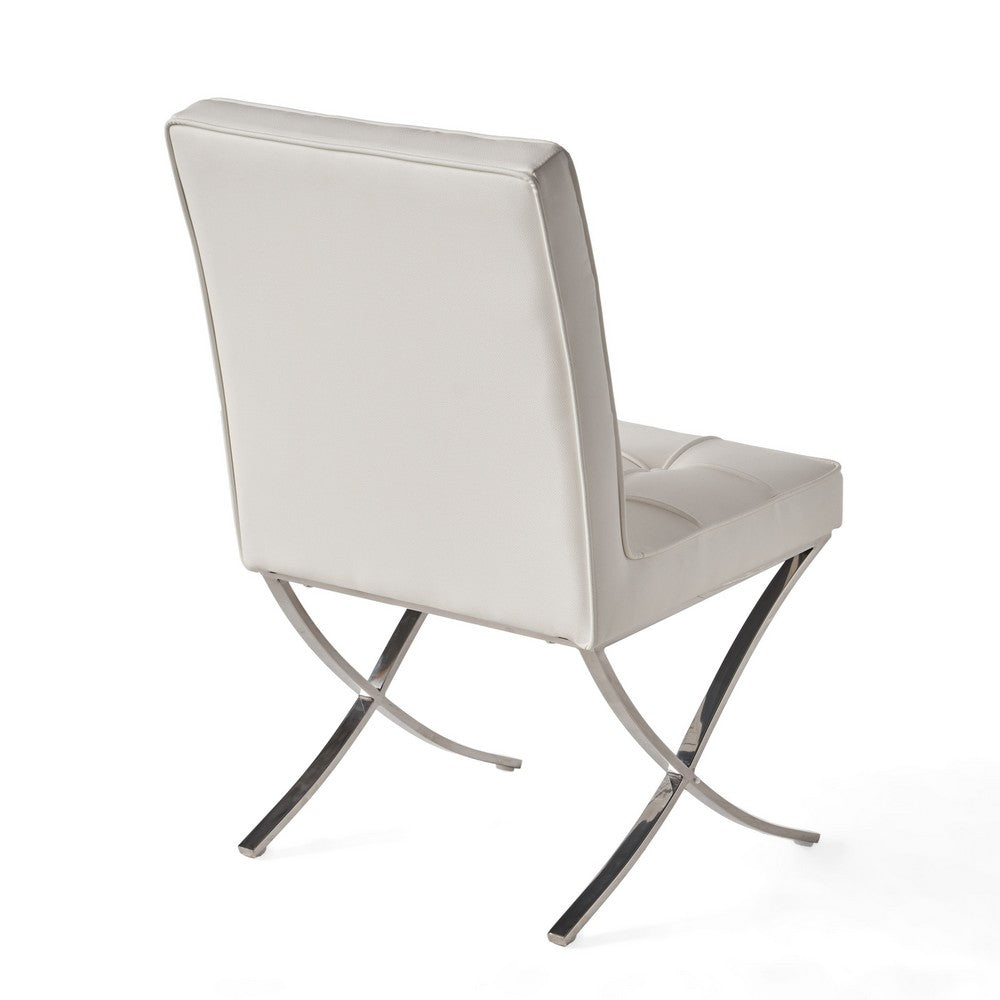 Pavy Dining Side Chair Set of 2 | Tufted White Faux Leather | Silver X Legs