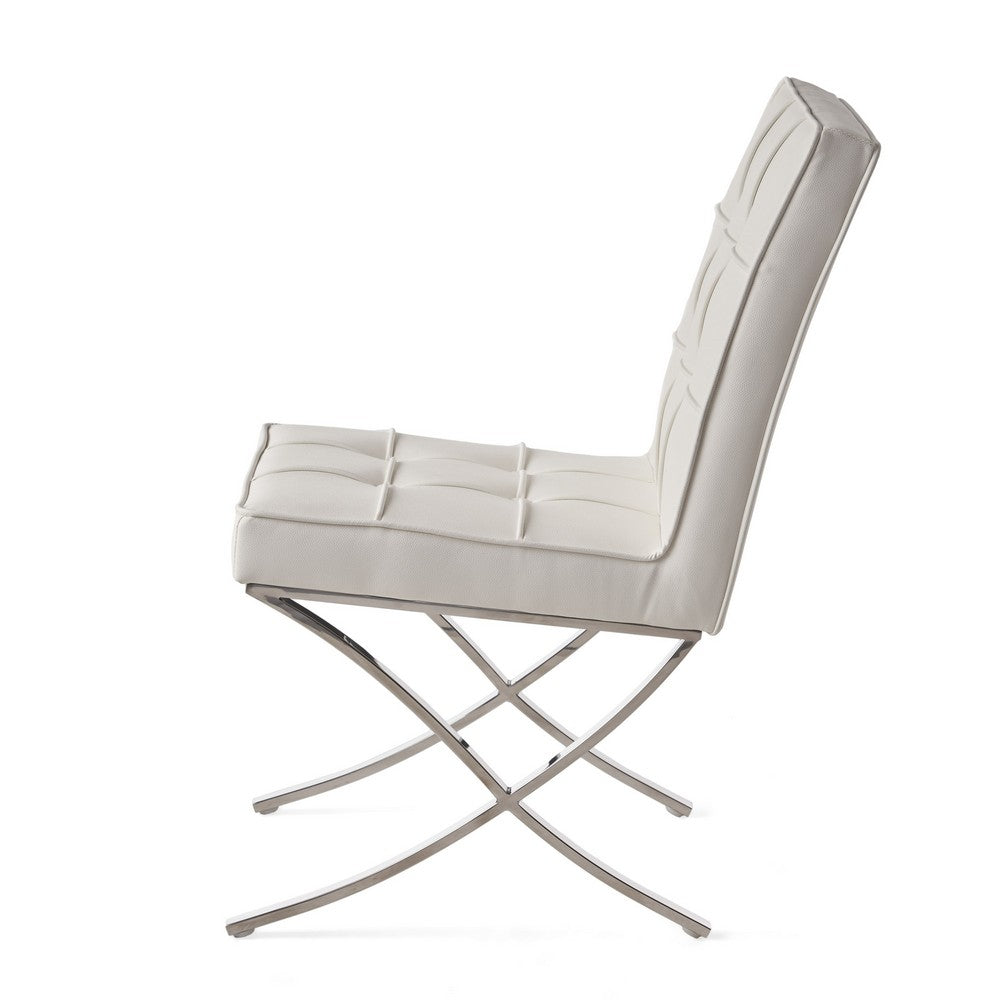 Pavy Dining Side Chair Set of 2 | Tufted White Faux Leather | Silver X Legs