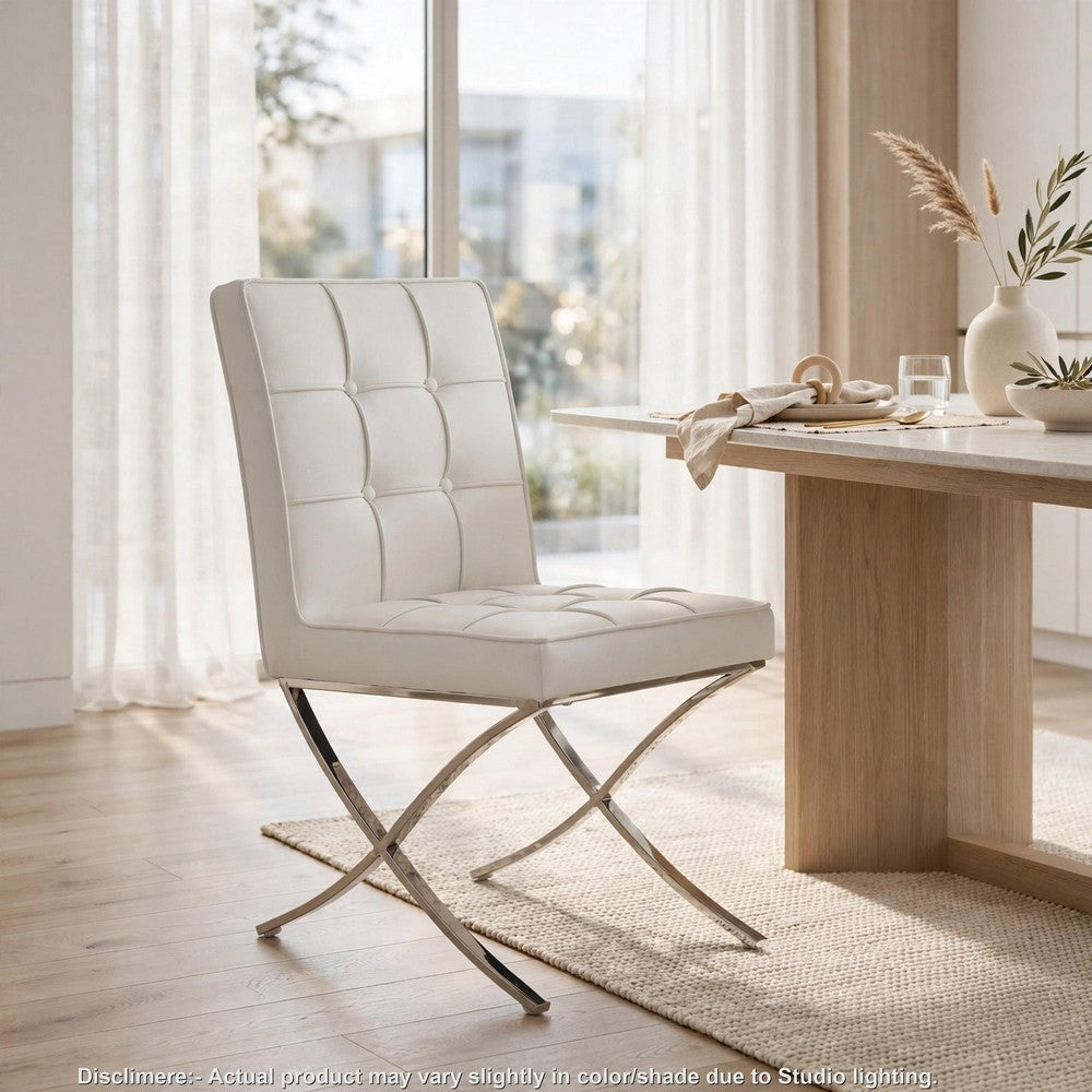 Pavy Dining Side Chair Set of 2 | Tufted White Faux Leather | Silver X Legs