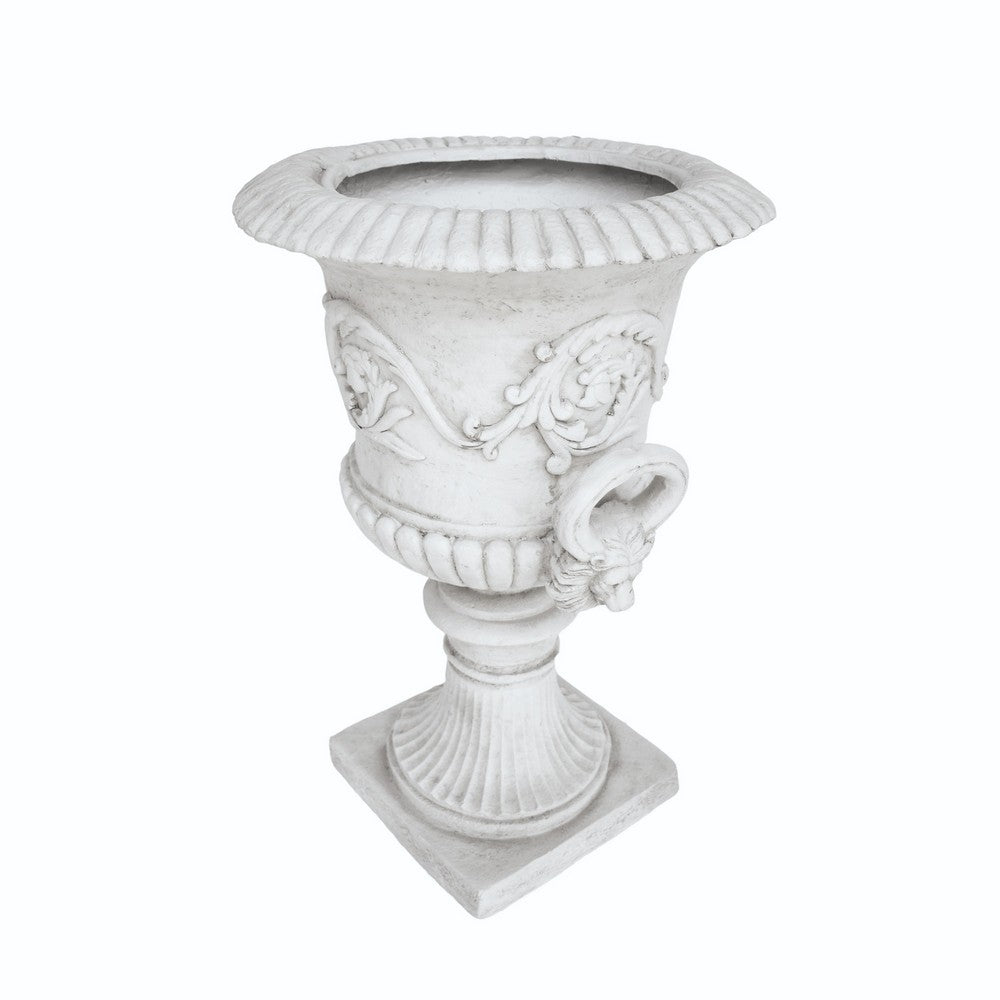 Kiti Urn Planter on Pedestal | Carved Antique White Concrete | 28"