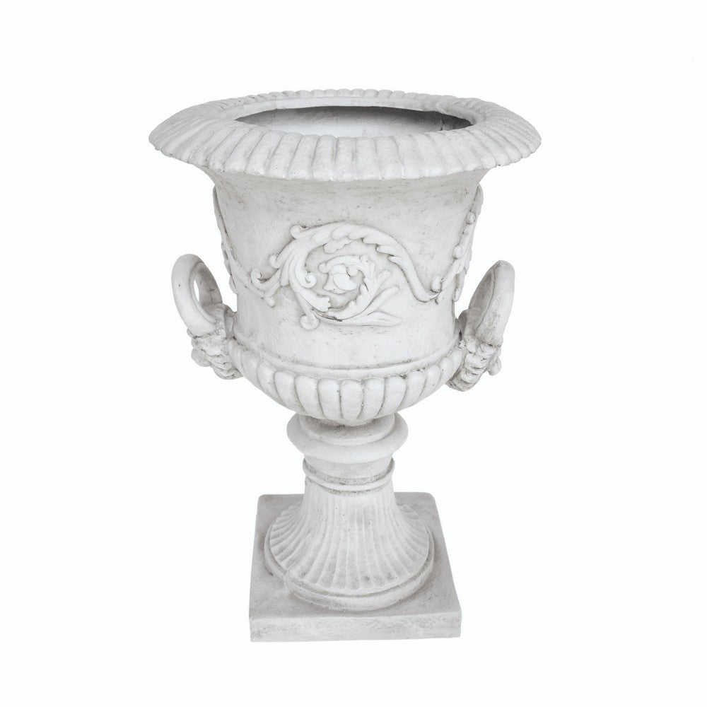 Kiti Urn Planter on Pedestal | Carved Antique White Concrete | 28"