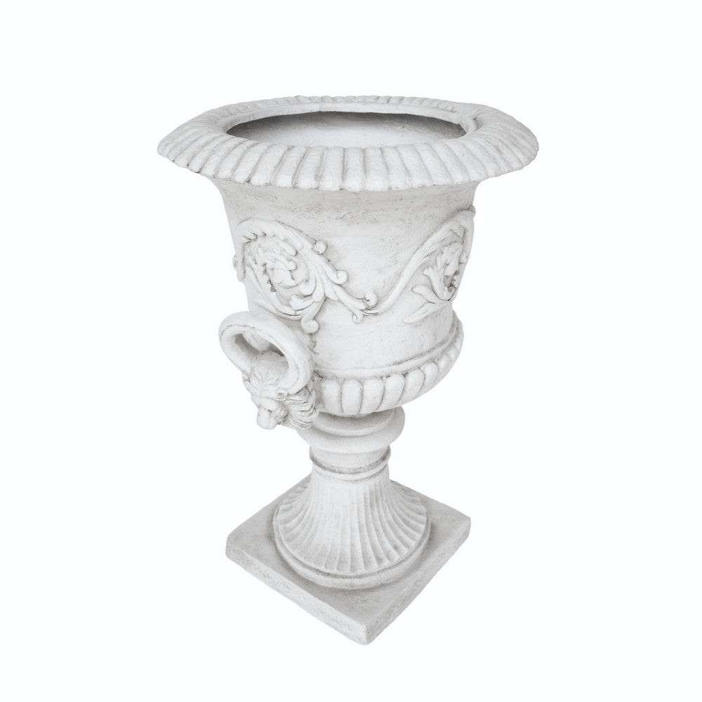Kiti Urn Planter on Pedestal | Carved Antique White Concrete | 28"
