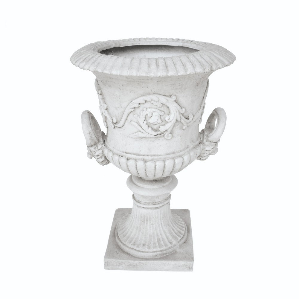 Kiti Urn Planter on Pedestal | Carved Antique White Concrete | 28"