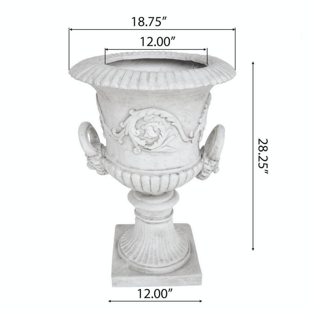 Kiti Urn Planter on Pedestal | Carved Antique White Concrete | 28"
