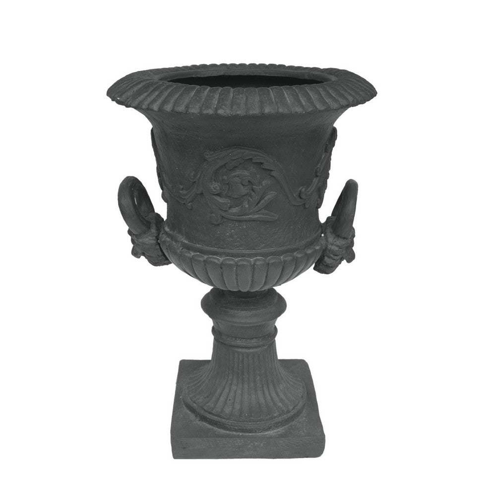 Kiti Urn Planter on Pedestal | Antique Gray Concrete w Carving | 28 Inch