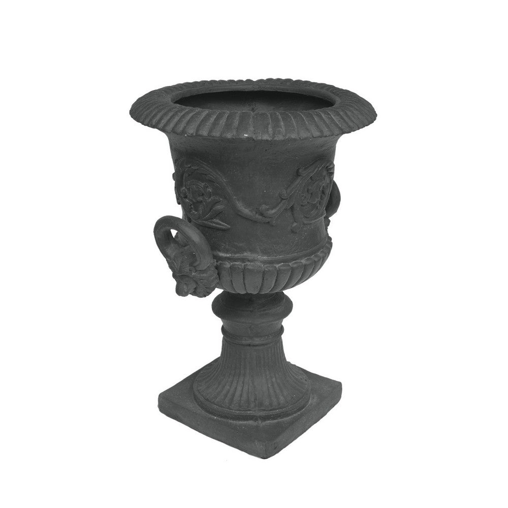 Kiti Urn Planter on Pedestal | Antique Gray Concrete w Carving | 28 Inch