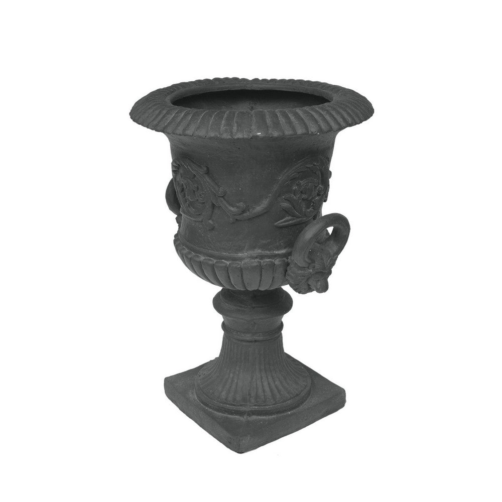 Kiti Urn Planter on Pedestal | Antique Gray Concrete w Carving | 28 Inch