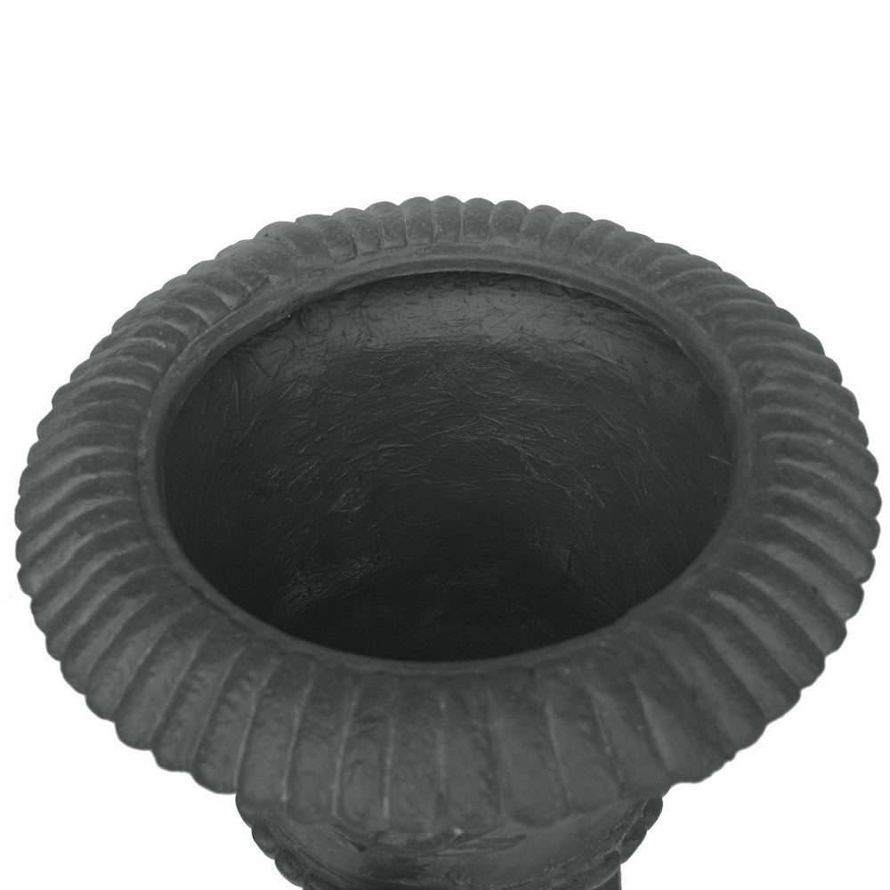Kiti Urn Planter on Pedestal | Antique Gray Concrete w Carving | 28 Inch