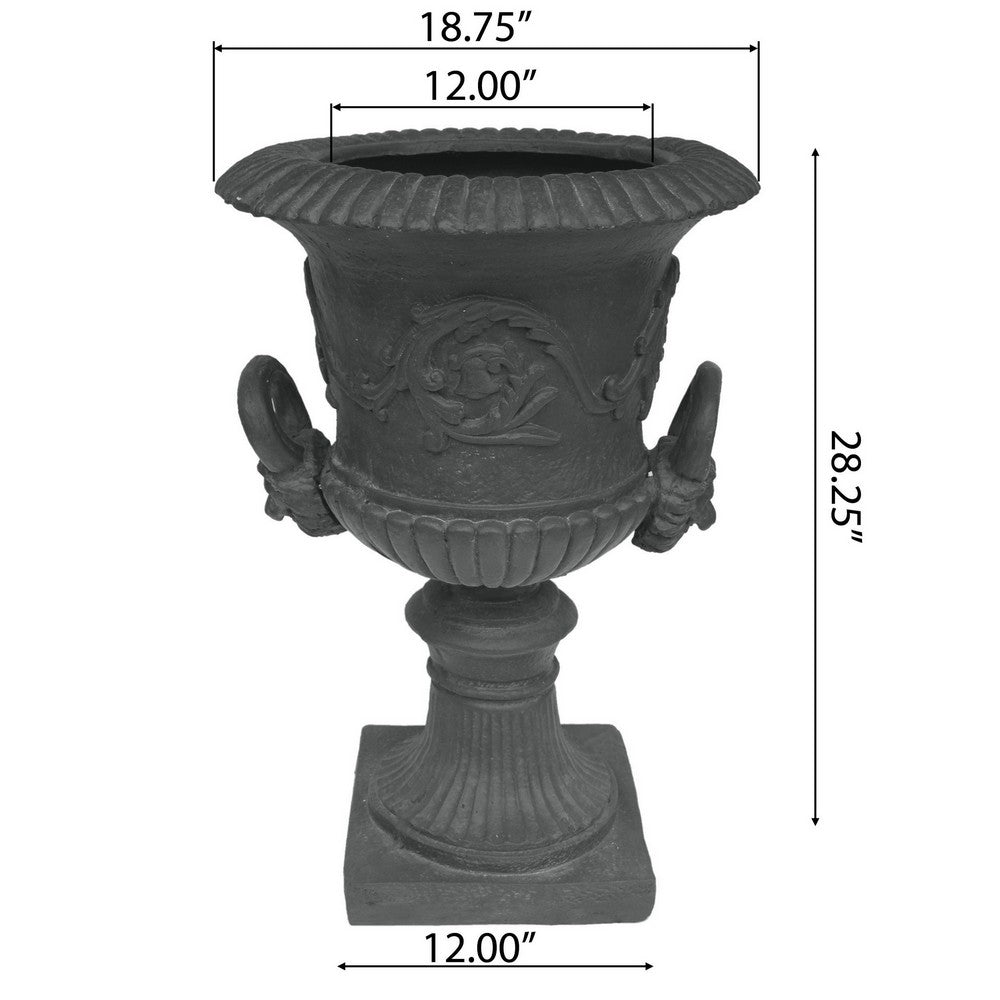 Kiti Urn Planter on Pedestal | Antique Gray Concrete w Carving | 28 Inch