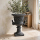 Kiti Urn Planter on Pedestal | Antique Gray Concrete w Carving | 28 Inch