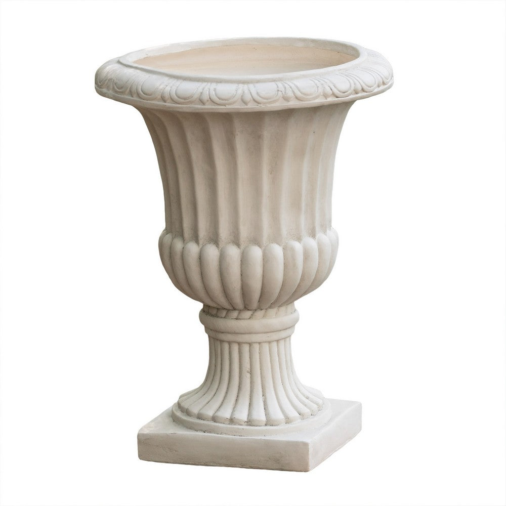 Italian Urn Planter | Campana Shape | Fluted Antique White Concrete 27"