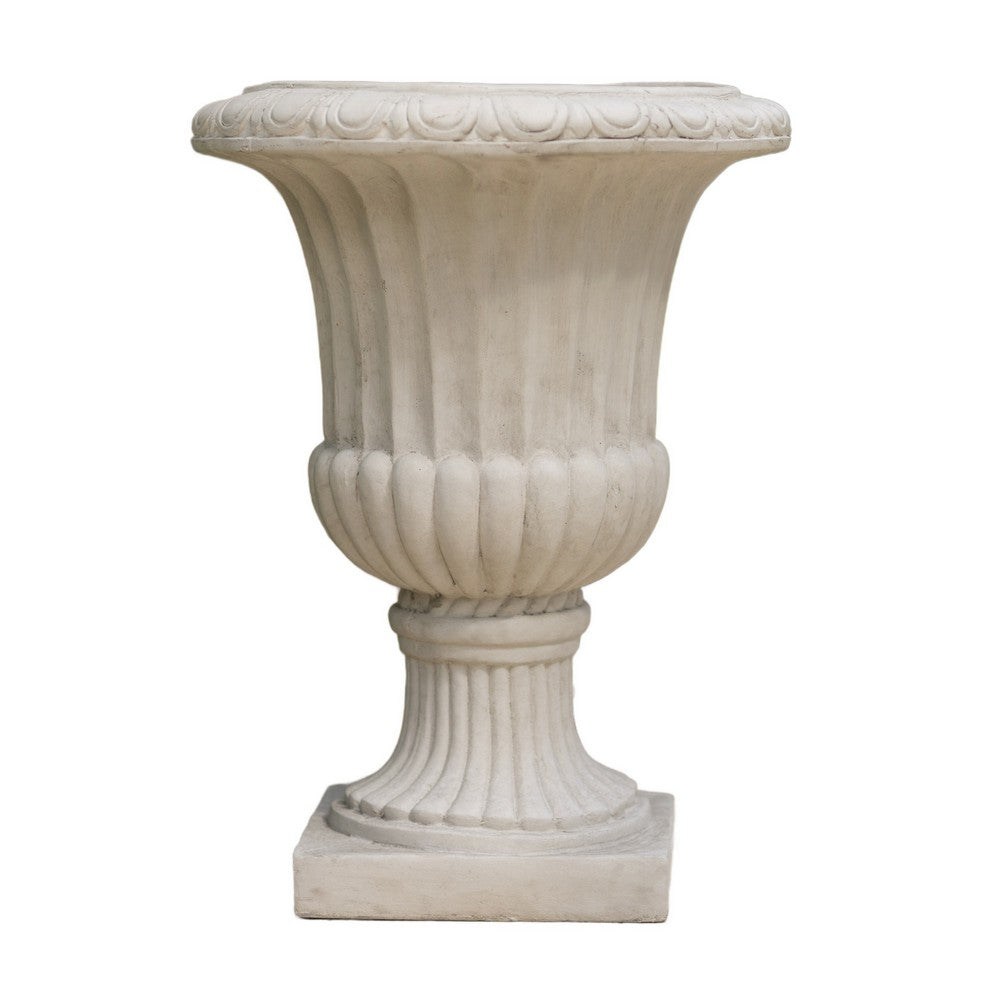 Italian Urn Planter | Campana Shape | Fluted Antique White Concrete 27"