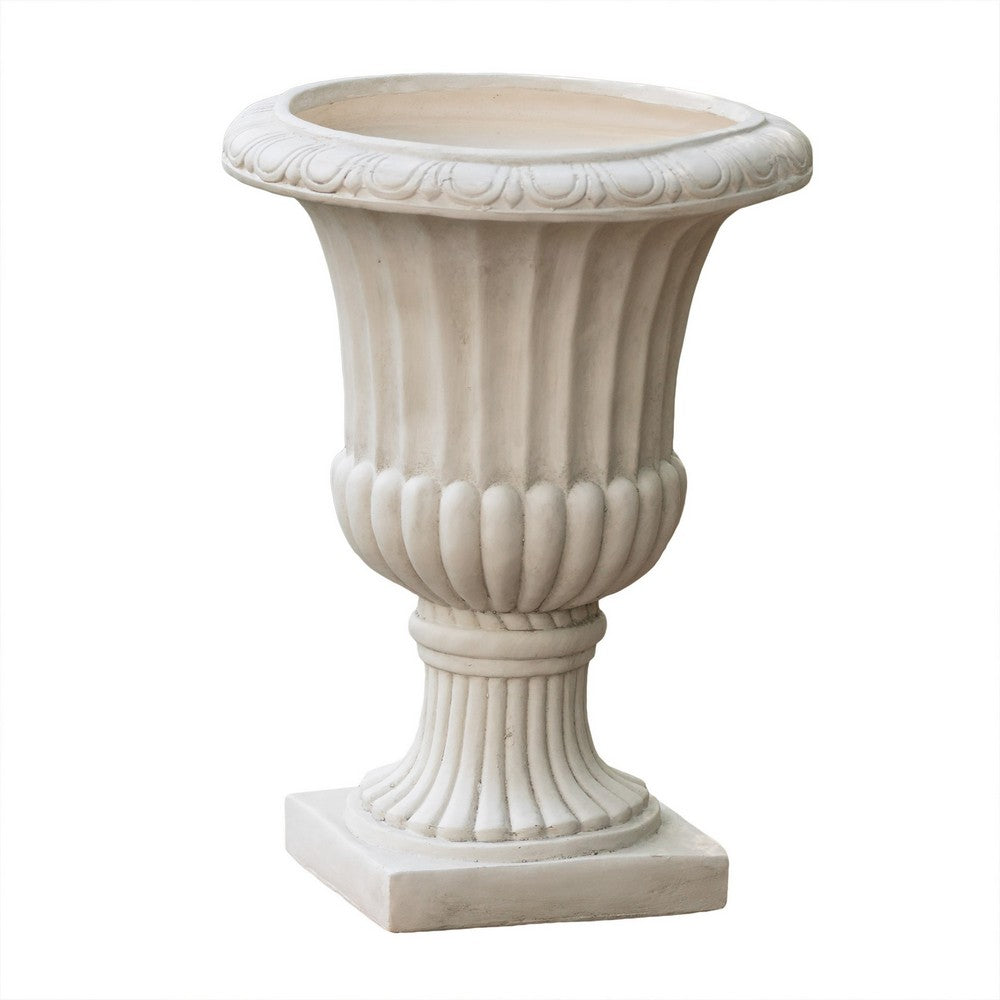 Italian Urn Planter | Campana Shape | Fluted Antique White Concrete 27"