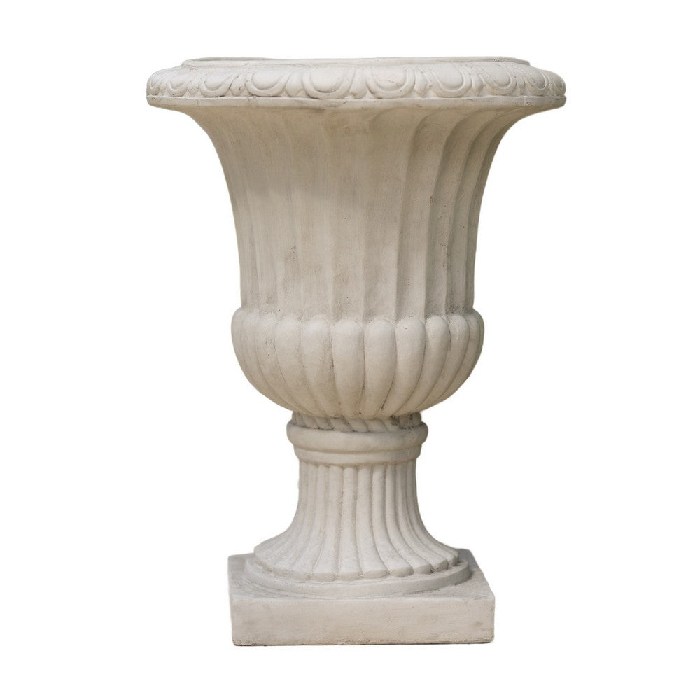 Italian Urn Planter | Campana Shape | Fluted Antique White Concrete 27"