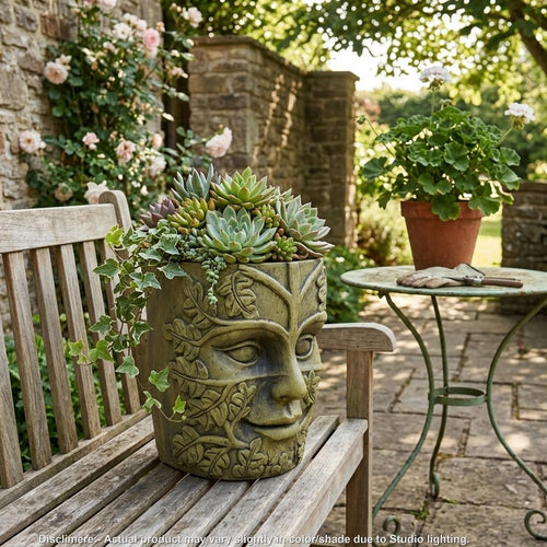 Urn Planter | Man Face | Cylindrical Shape | Antique Green Concrete 14"