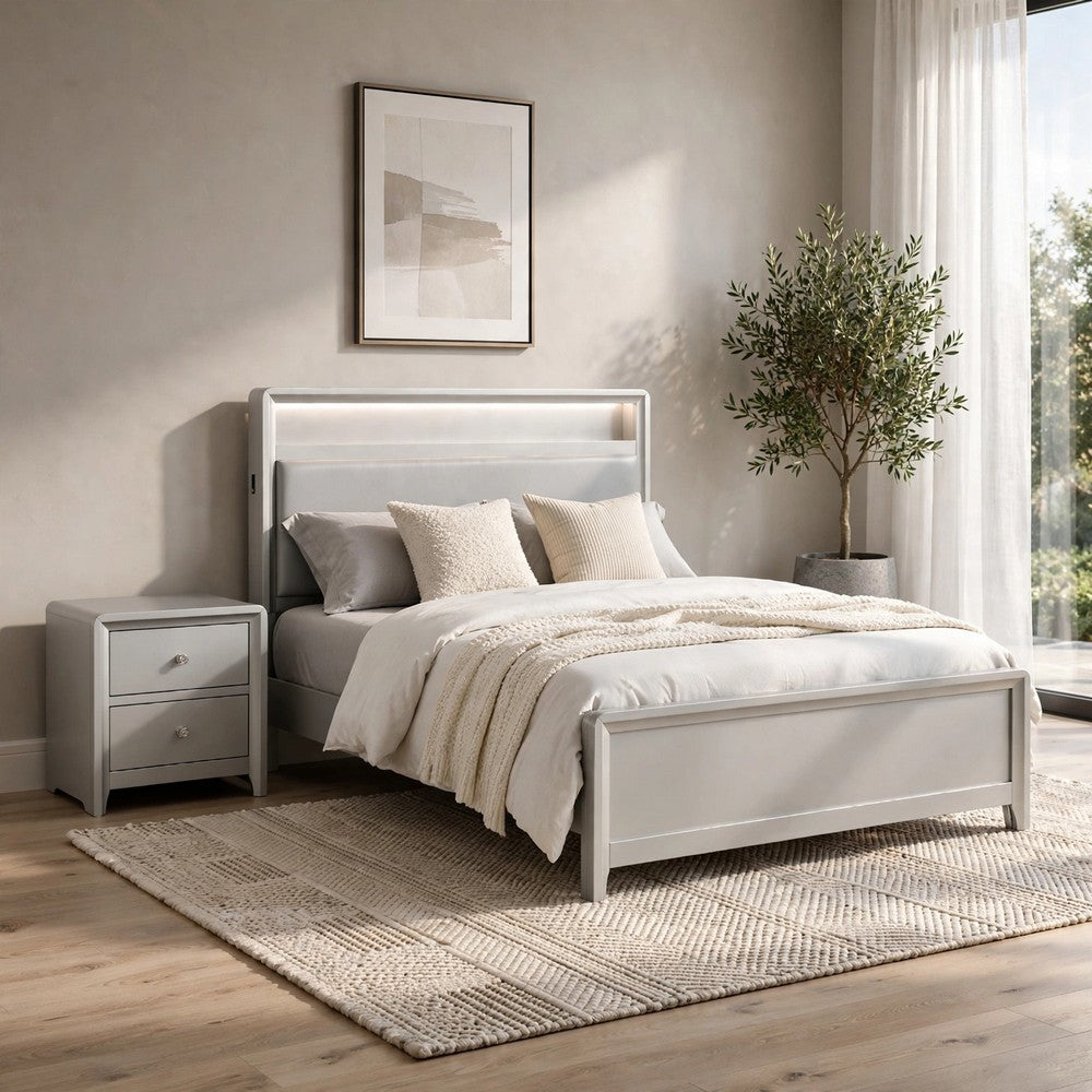 Full Bedroom Set | Champagne Silver | Gray | & Nickel | 2 Piece Set with Nightst&