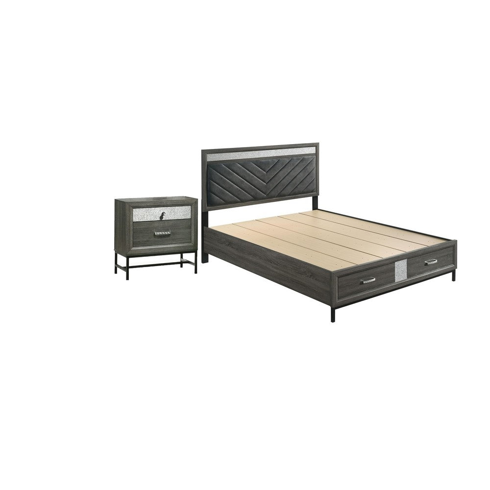 Full Bedroom Set | Gray | Black | & Silver | 2 Piece Set with Nightst&