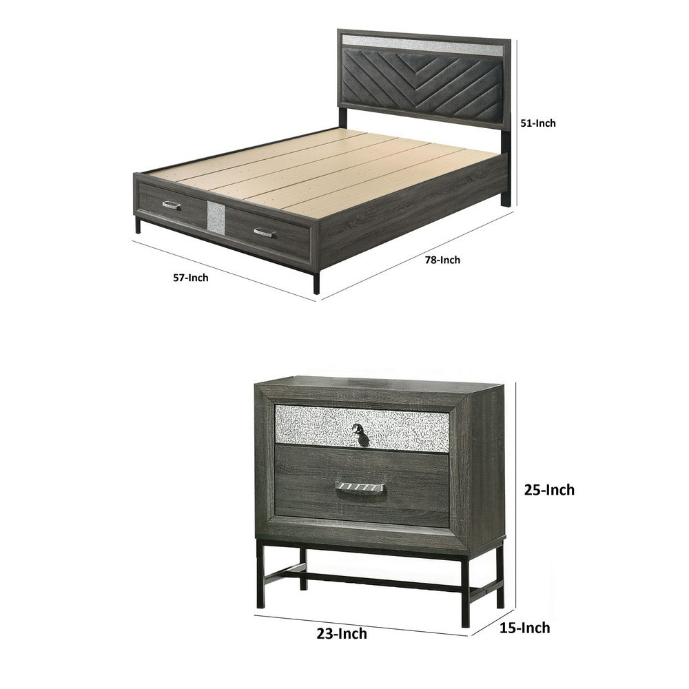 Full Bedroom Set | Gray | Black | & Silver | 2 Piece Set with Nightst&