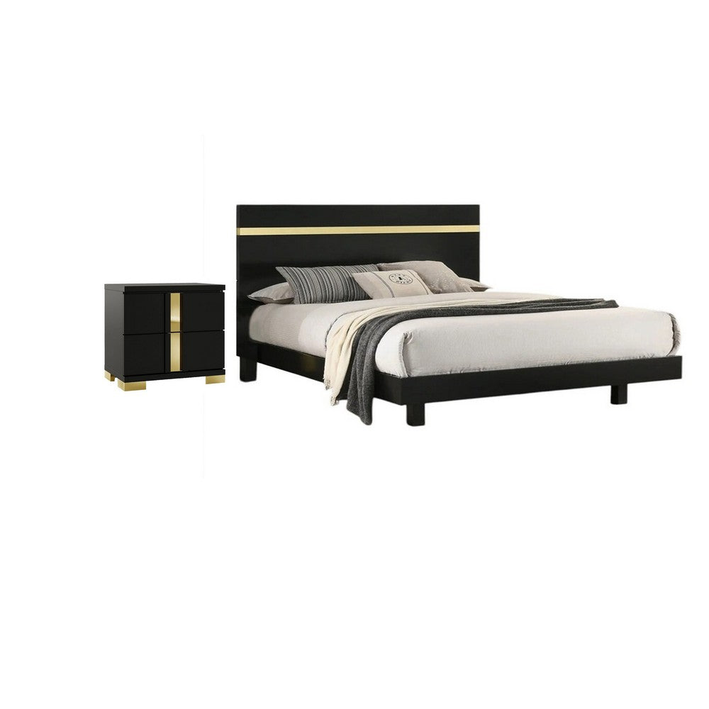 Full Bedroom Set, Black and Gold, 2 Piece Set with Nightstand