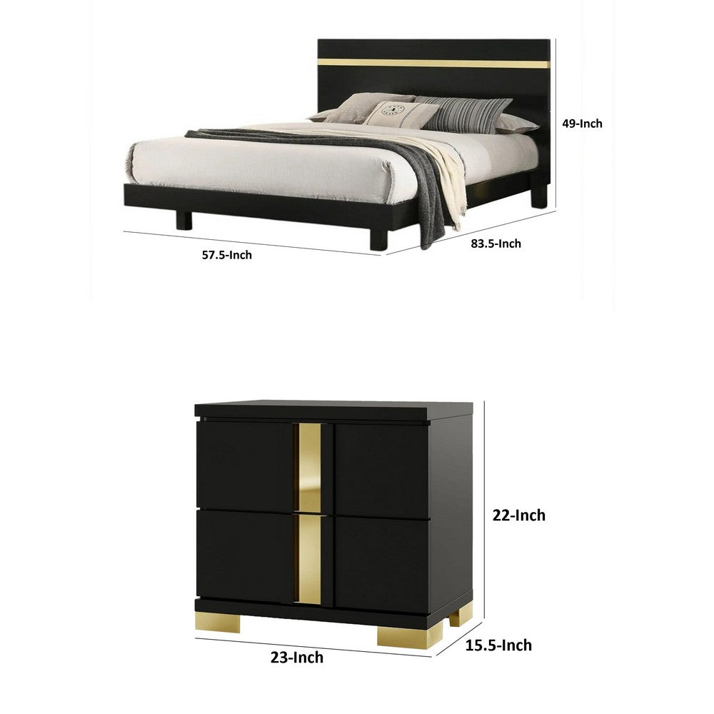 Full Bedroom Set, Black and Gold, 2 Piece Set with Nightstand