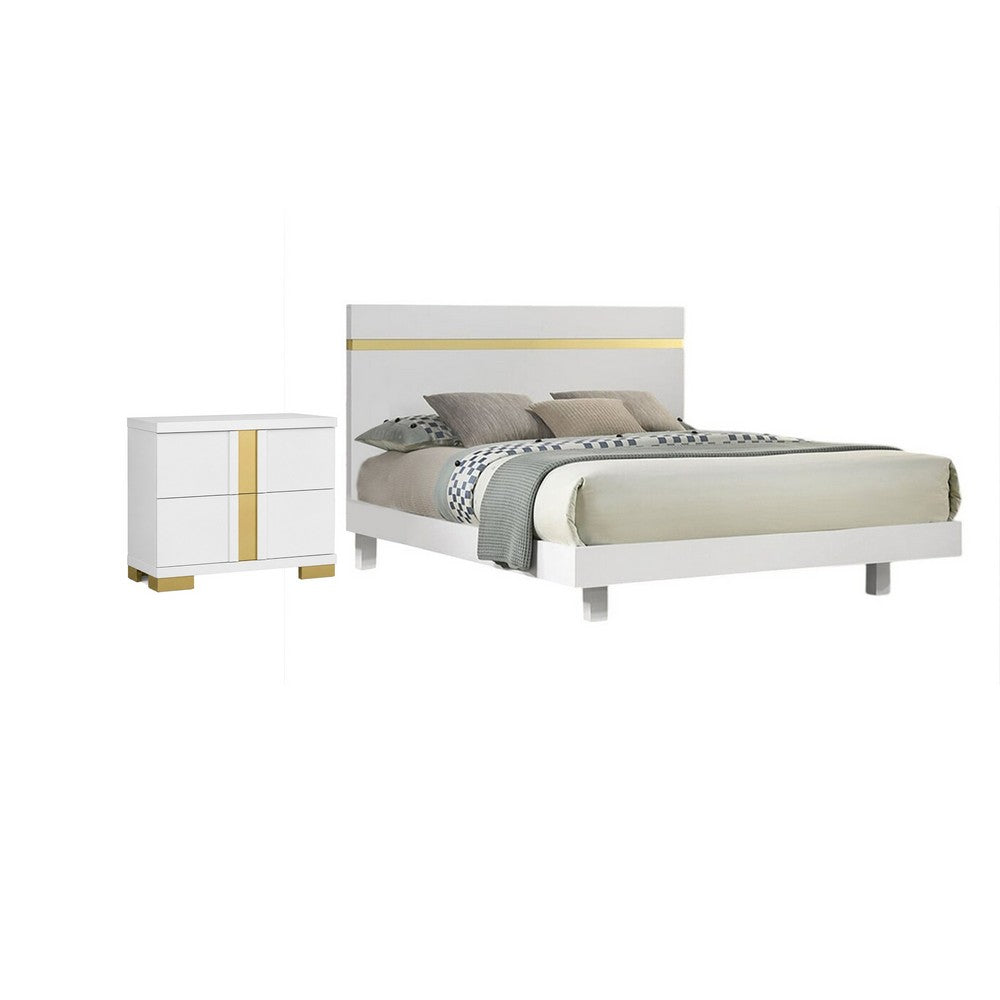 Full Bedroom Set, White and Gold, 2 Piece Set with Nightstand
