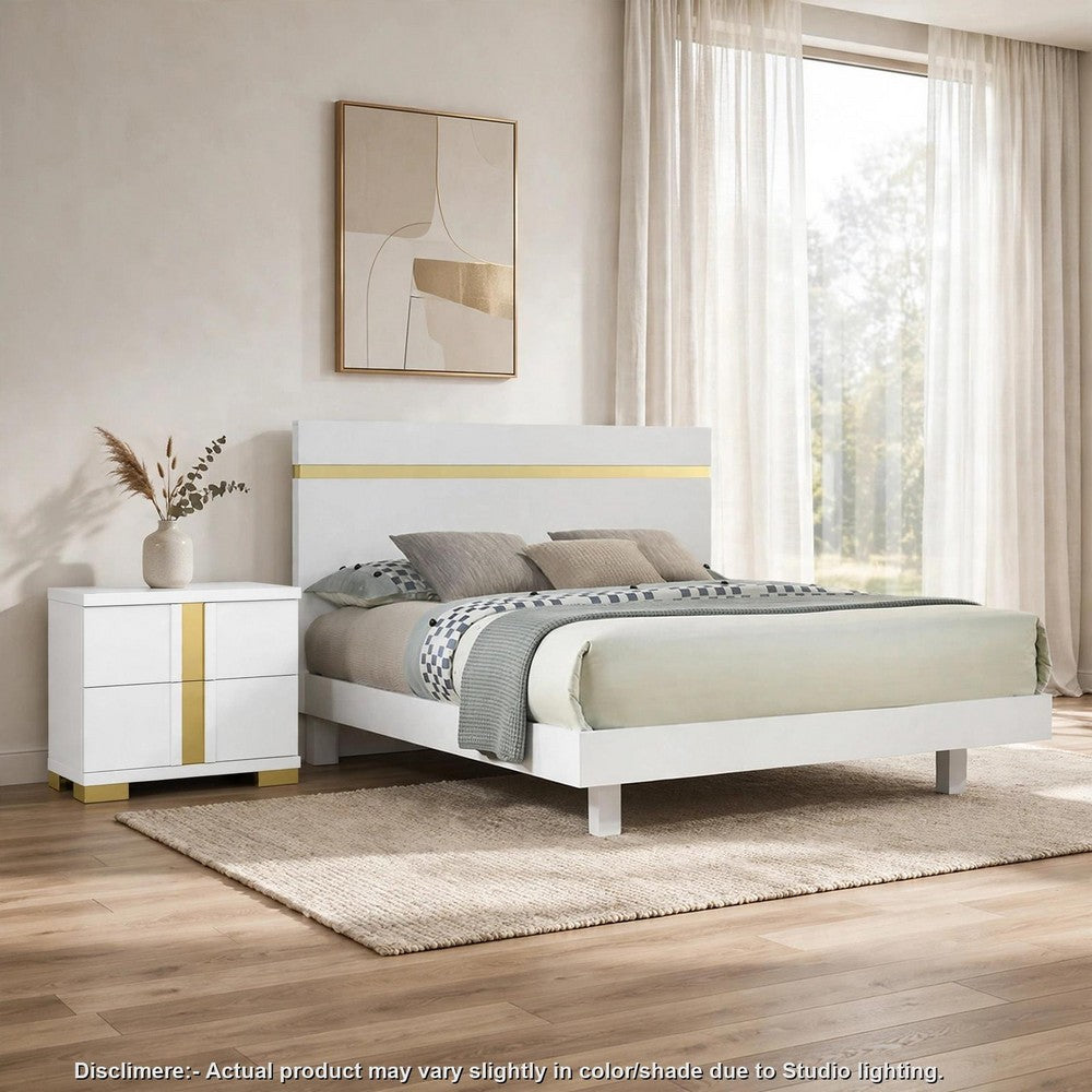 Full Bedroom Set, White and Gold, 2 Piece Set with Nightstand